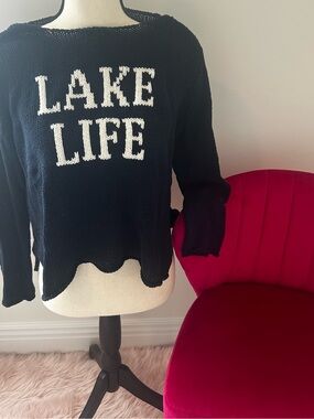Wooden Ships Navy Sweater with White "LAKE LIFE" Text